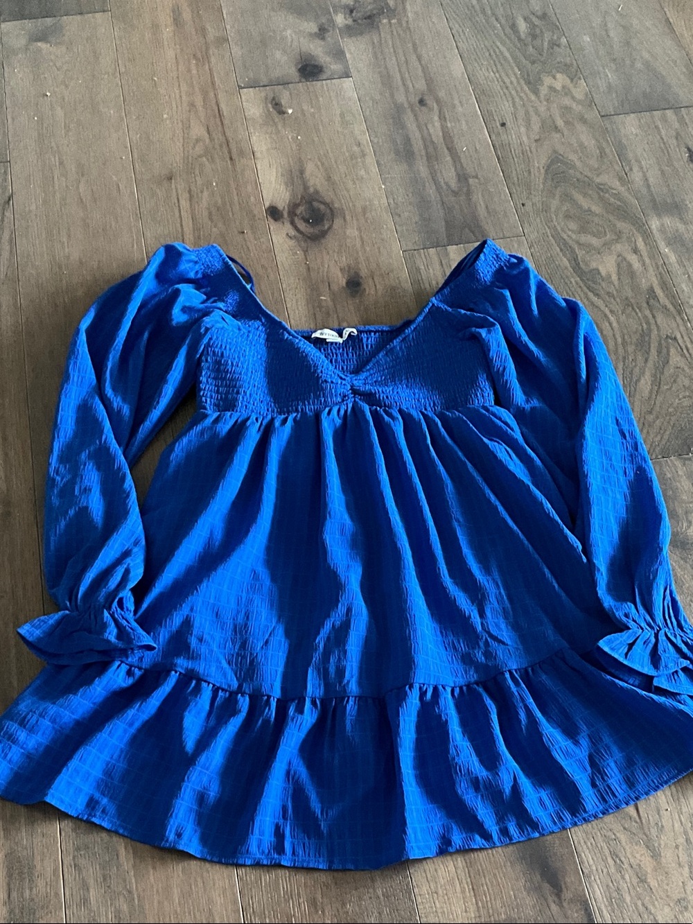 Smocked V-Neck Tunic Dress in Cobalt Blue
